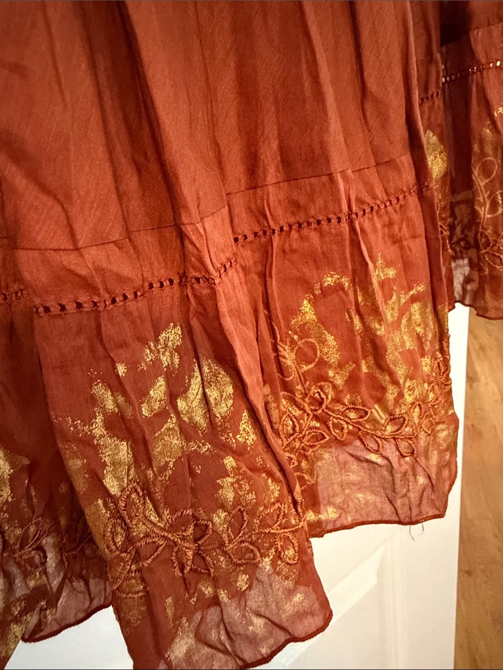 Coldwater Creek Boho Rust Maxi Skirt with Gold Trim